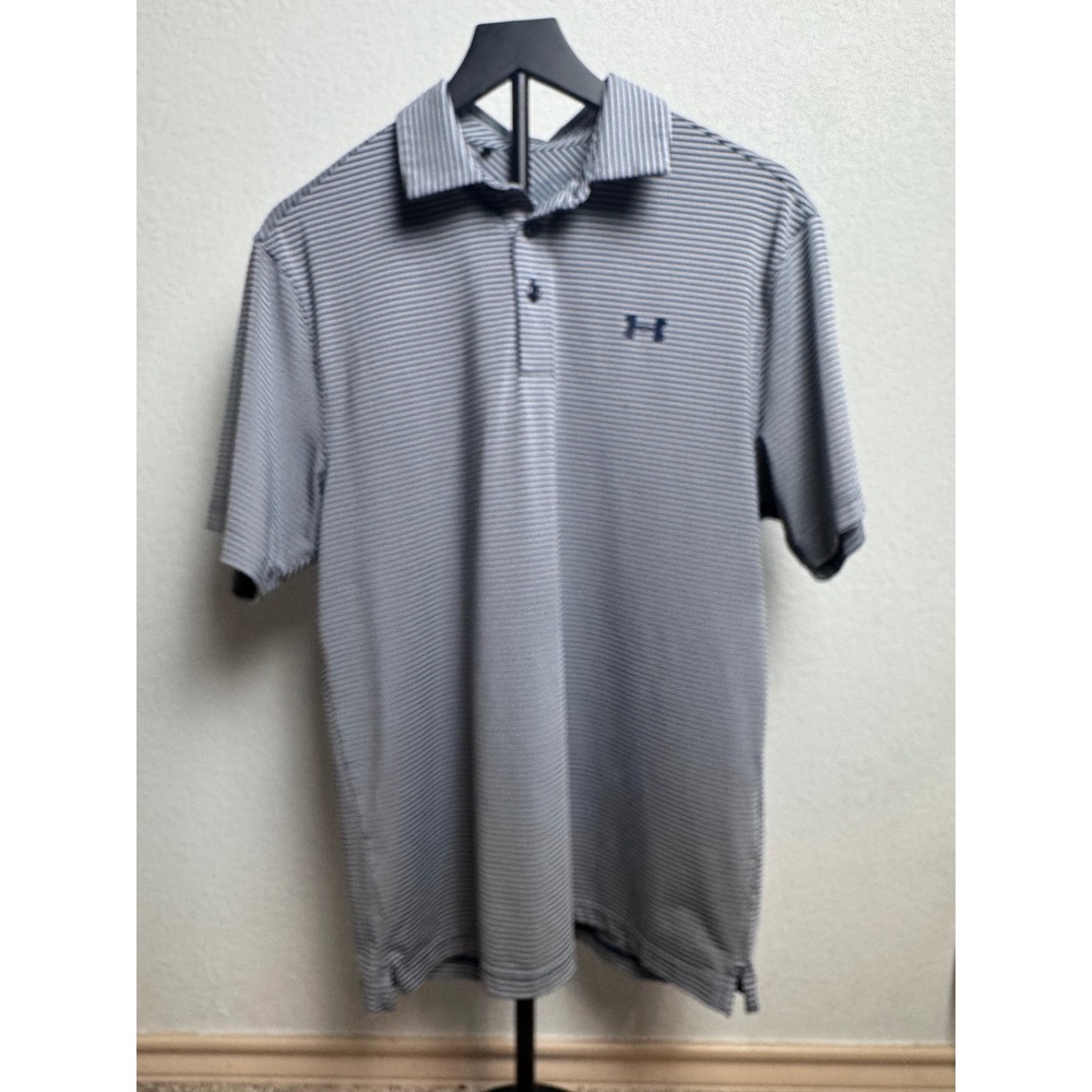 Under Armour Mens Large Striped HeatGear Polo Shirt Navy Blue Grey Short Sleeve